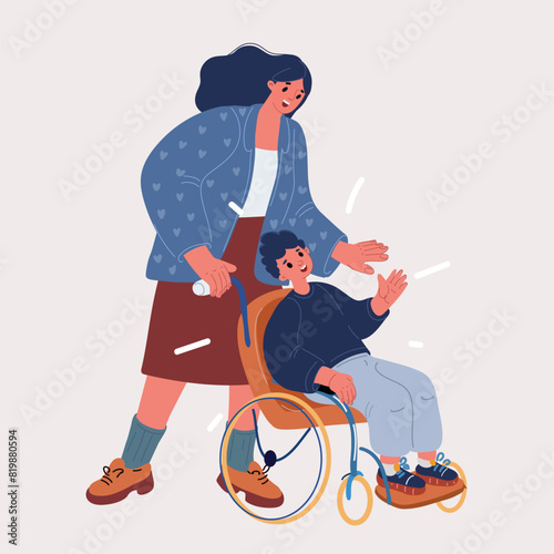 Cartoon vector illustration of boy in wheelchair with his mother