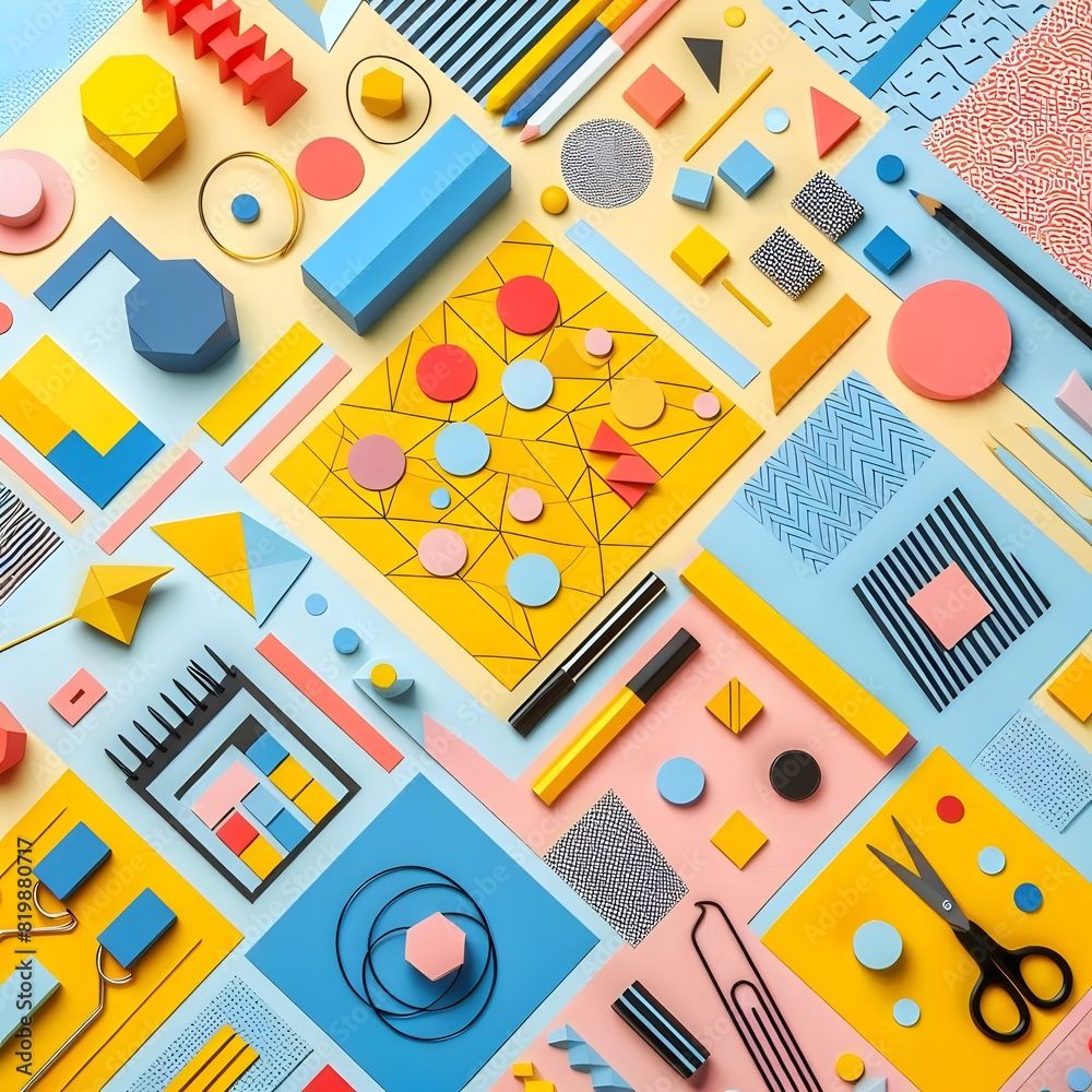 AI Generate of Background texture of Fashion Papers in Memphis Geometry Style. Yellow, blue, light blue, red and pastel pink colors. Top view, flat lay. AI Generate of Background texture of Fashion Papers in Memphis Geometry Style. Yellow, blue, light blue, red and pastel pink colors. Top view, flat lay.