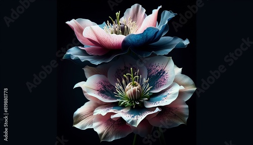 Fototapeta Naklejka Na Ścianę i Meble -  Two large Hellebore flowers in a dark background
