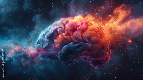 A whimsical view of a vibrant, glowing brain with abstract, colorful thoughts swirling around photo
