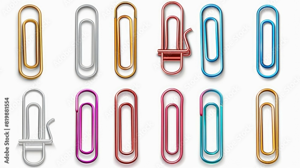 Various colored paper clips on a white surface, perfect for office and school supplies concept Various colored paper clips on a white surface, perfect for office and school supplies concept