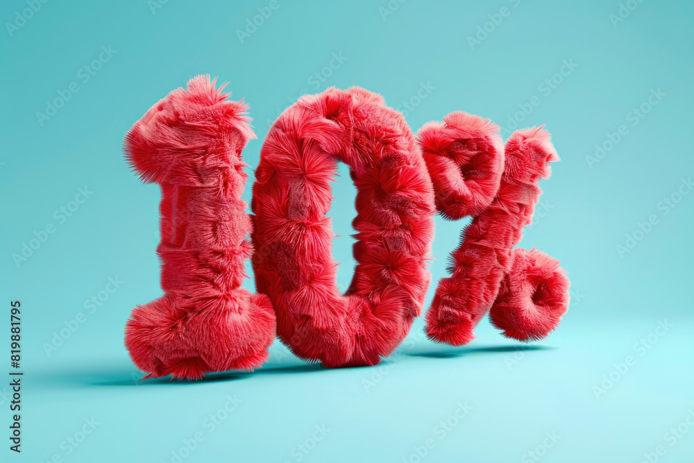 red phrase 10% made of inflatable number on blue background. Sales, discount concept. playful design red phrase 10% made of inflatable number on blue background. Sales, discount concept. playful design