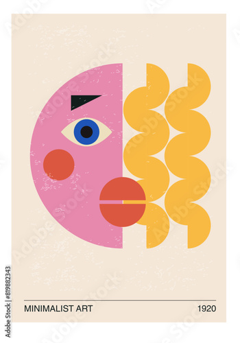 Minimalist 20s geometric design poster with stylized face, vector template