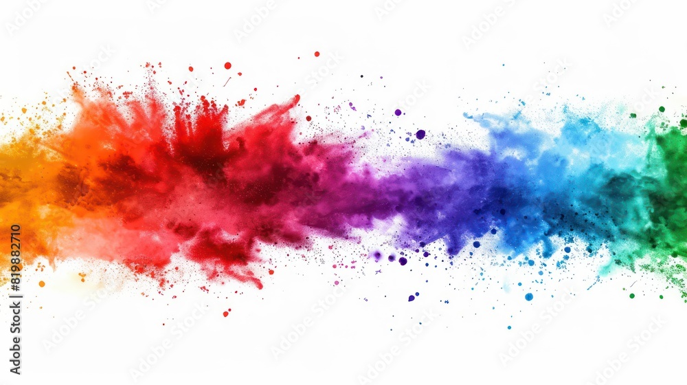Dynamic horizontal rainbow powder splash design, featuring a burst of vibrant colors against a clean white backdrop. Dynamic horizontal rainbow powder splash design, featuring a burst of vibrant colors against a clean white backdrop.