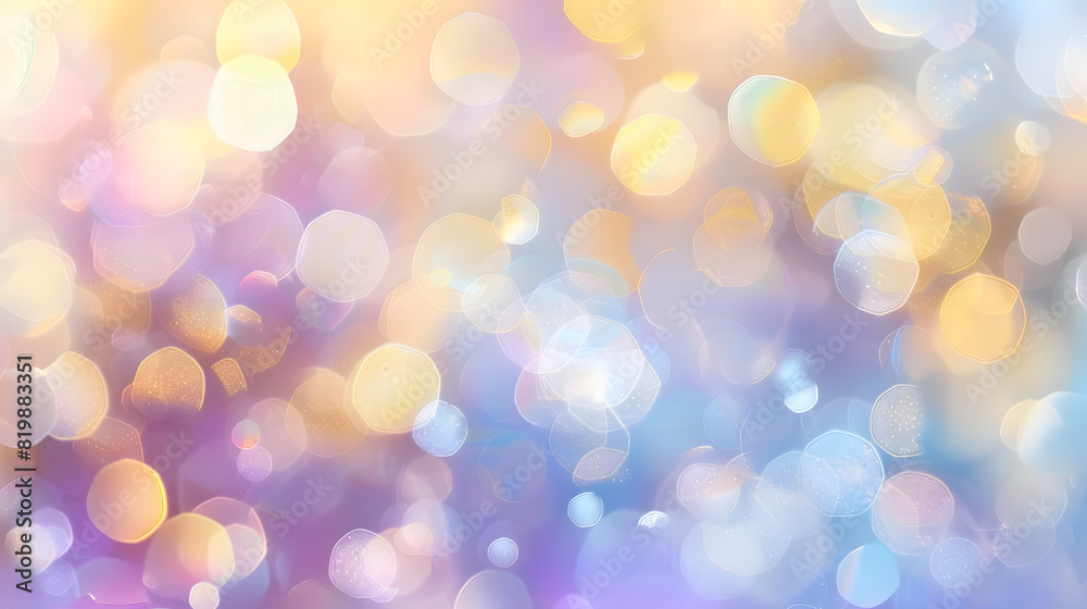 Abstract blur bokeh banner background. Rainbow colors, pastel purple, blue, gold yellow, white silver, pale pink bokeh background AI