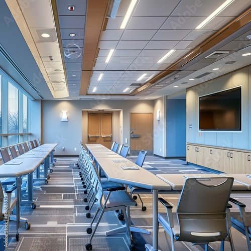 Modern office space with large windows  wooden ceiling and blue and gray chairs and tables.