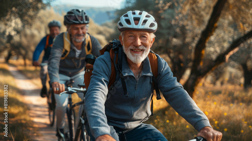 Happy senior people riding bicycles at park