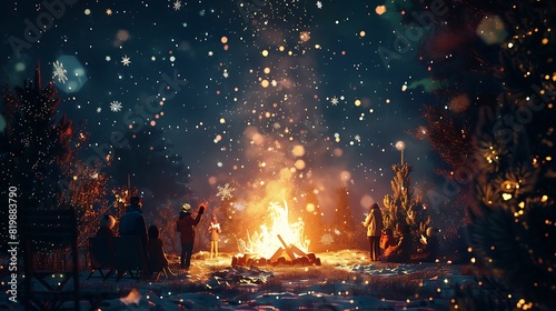 Carolers gathered around a roaring bonfire, their voices rising in harmony as they sing songs of the season beneath a canopy of stars and snowflakes photo