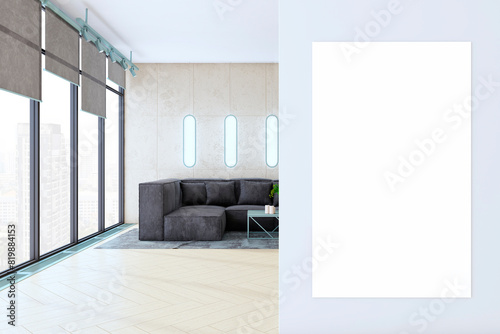 Modern living room featuring a comfortable gray sofa, elegant wall lights, and a breathtaking cityscape view. 3D Rendering