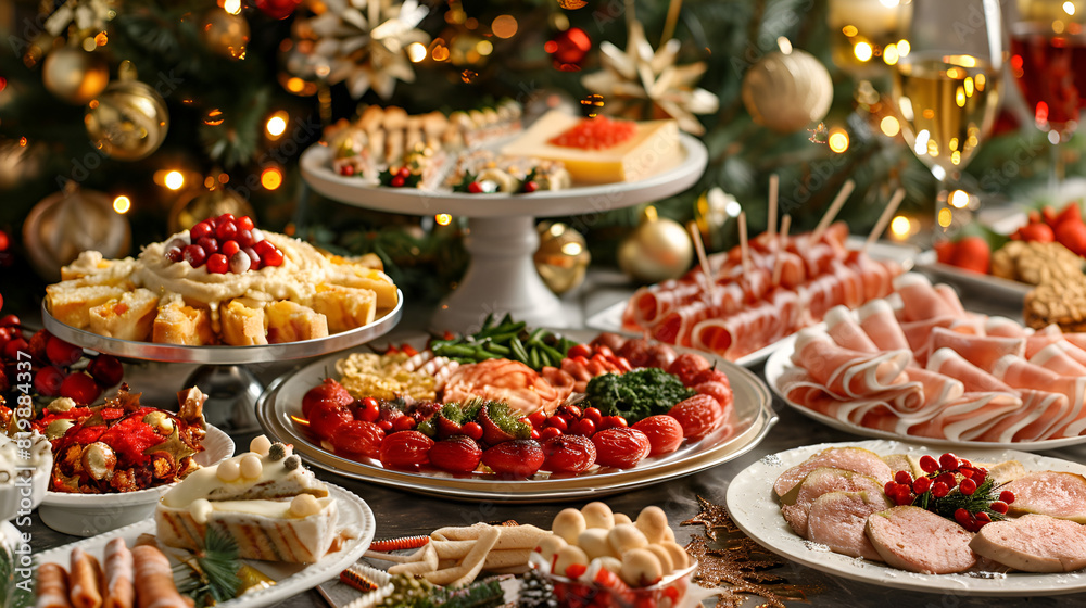 A table laden with food dishes for Christmas dinner