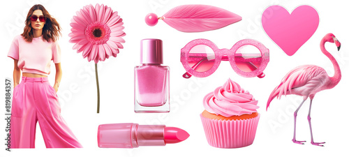 Set of pink fashion objects and model on png background. Ideal set for design and collage art. Pink aesthetic trends.