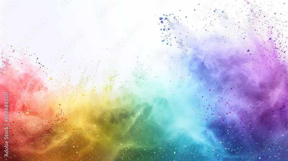 Horizontal rainbow powder splash composition with copyspace, suitable for use in advertising, banners, or social media posts.