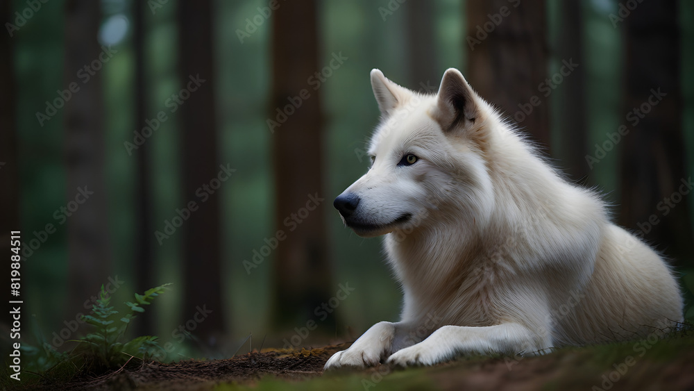 Obraz premium White wolf in the woods.