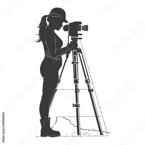 Silhouette Surveyor engineer women with geodetic survey marker black color only
