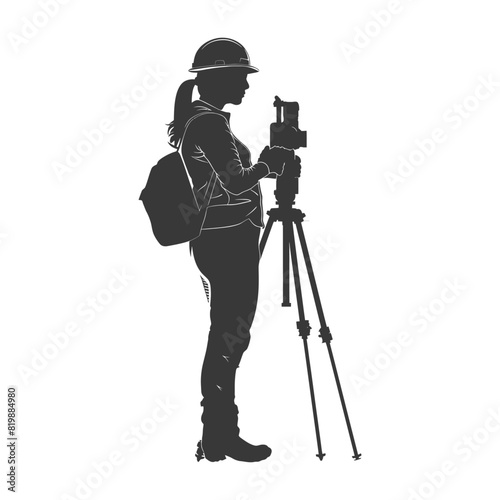 Silhouette Surveyor engineer women with geodetic survey marker black color only