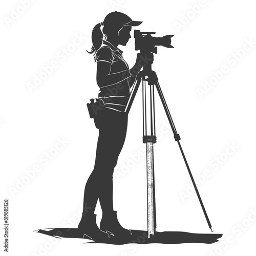 Silhouette Surveyor engineer women with geodetic survey marker black color only