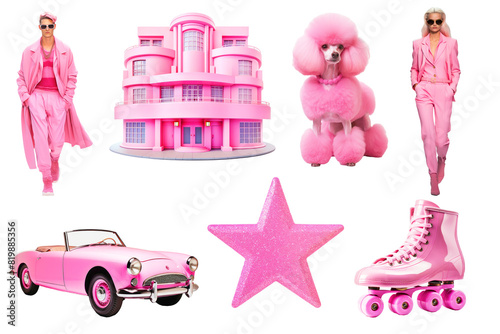 Set of pink fashion objects and models on png background. Ideal set for design and collage art. Pink aesthetic trends.