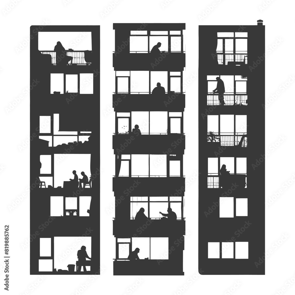Fototapeta premium Silhouette Windows of home apartments show people activities black color only