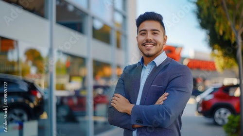 Portrait of a cheerful Latin American salesman standing confidently in front of the dealership logo, representing the sales team.