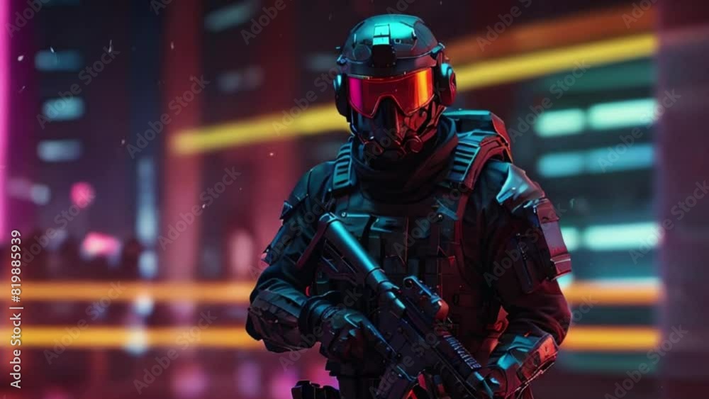 Soldier in Neon City with Goggles and Weapon Soldier in Neon City with Goggles and Weapon