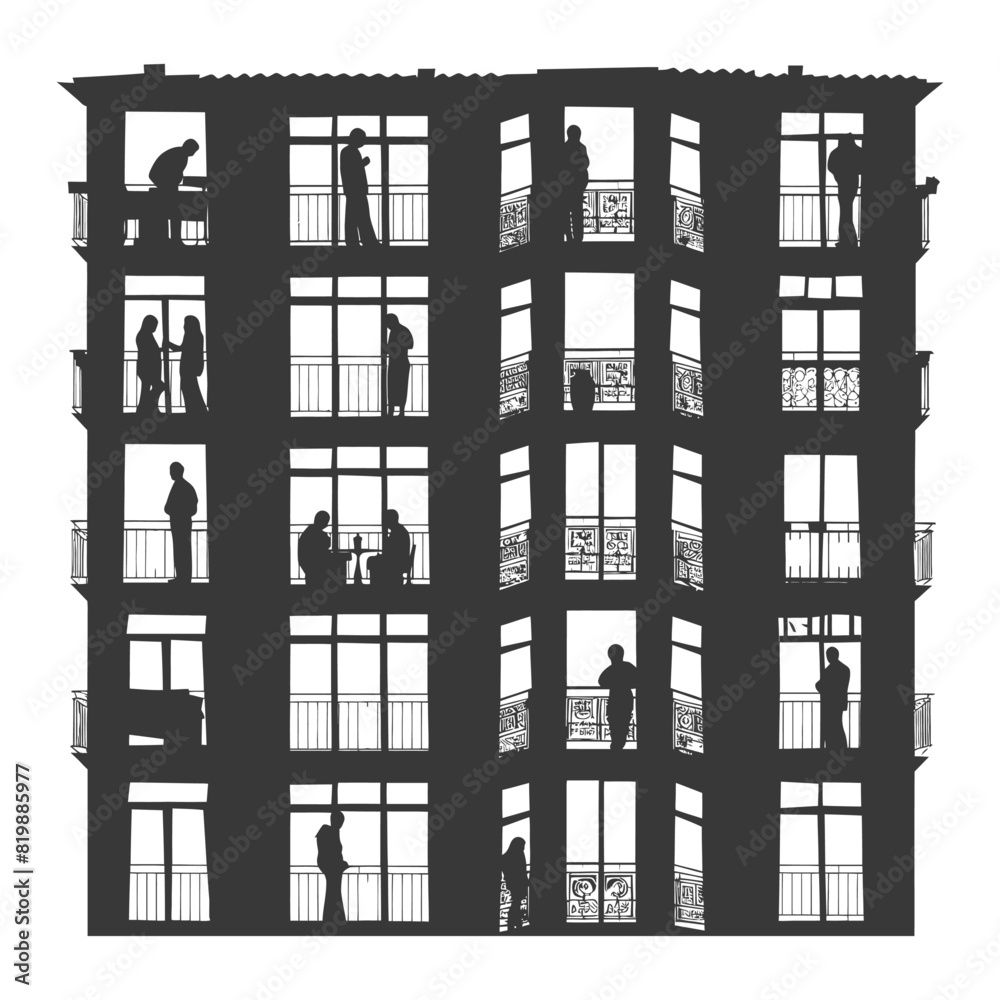 Silhouette Windows of home apartments show people activities black color only Silhouette Windows of home apartments show people activities black color only