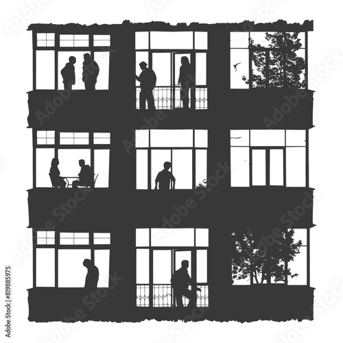 Silhouette Windows of home apartments show people activities black color only