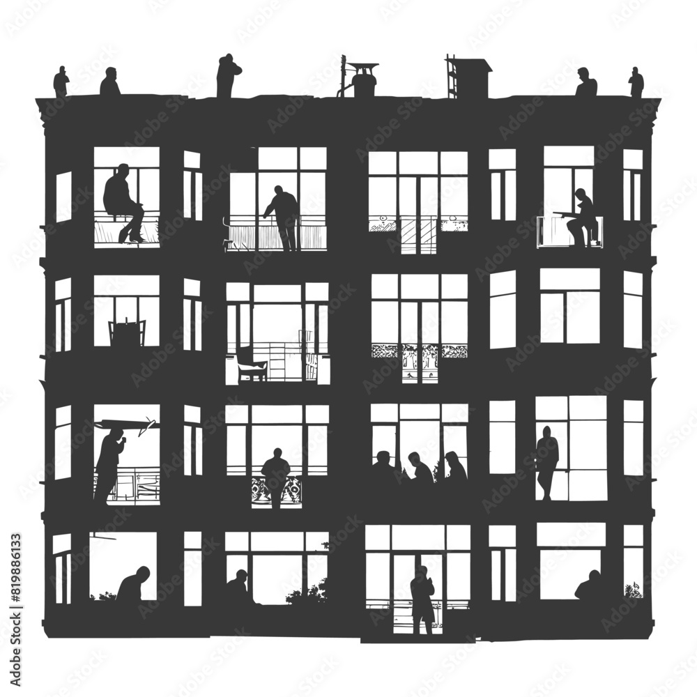 Fototapeta premium Silhouette Windows of home apartments show people activities black color only