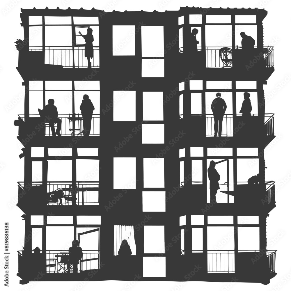 Fototapeta premium Silhouette Windows of home apartments show people activities black color only