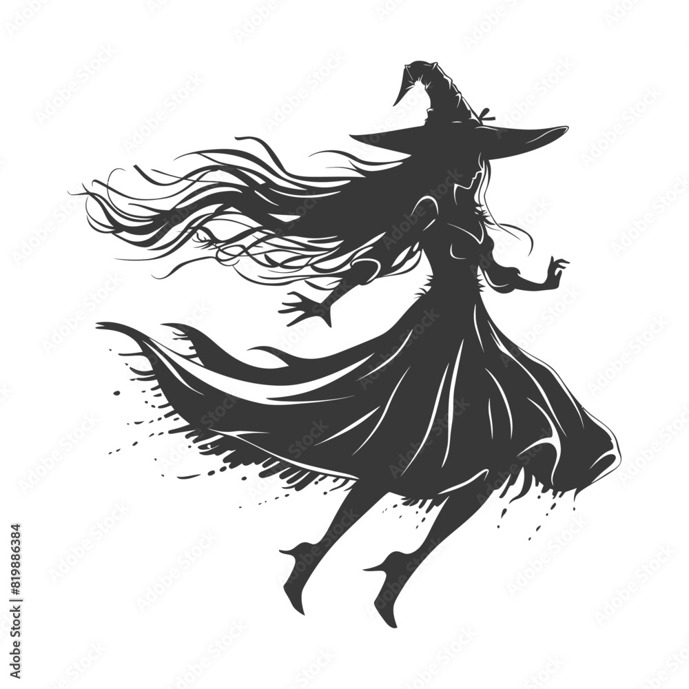 Silhouette witch in action full body black color only Silhouette witch in action full body black color only