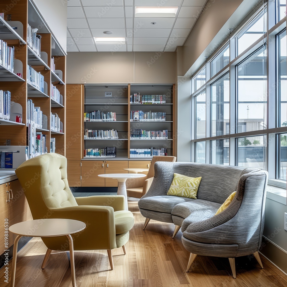 Comfy chairs and sofas in a modern library or bookstore with large windows. Comfy chairs and sofas in a modern library or bookstore with large windows.