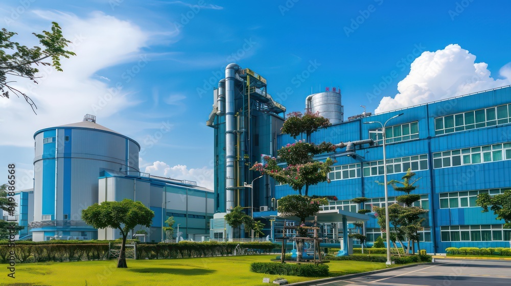 industrial factory park background, realistic image with blue sky