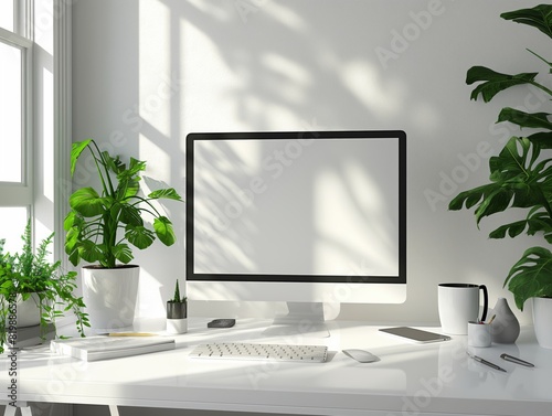 Blank white desktop computer monitor mockup in a minimalist workspace