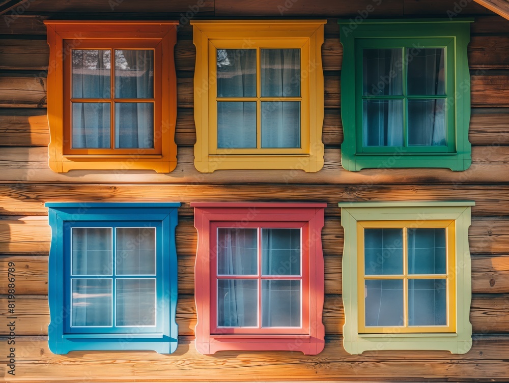 A row of colorful windows on a wooden building