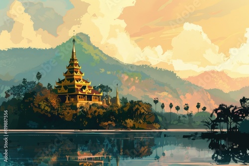 A serene painting of a pagoda in the middle of a tranquil lake. Perfect for interior decor or travel publications photo