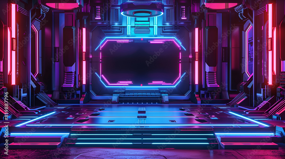 3d rendering, Futuristic interior with neon lights, podium and empty space, Podium for product advertisement or restaurant menus with beautiful background, Neon podium, illuminated by neon lights