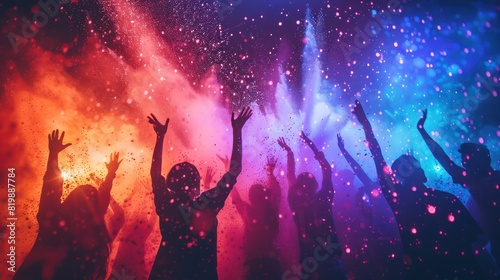 Silhouettes of people joyfully tossing colorful powder into the air, creating a magical and enchanting scene against a radiant background.  © Dara