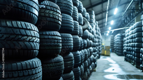 Piles of car tires in factory storage area. Concept Industrial Waste Management, Recycling Practices, Synthetic Rubber Production, Tire Manufacturing Technology AI © Prasanth