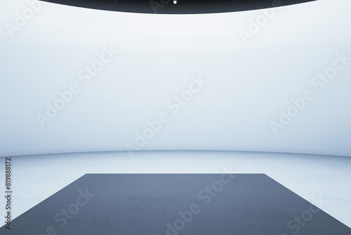 An empty exhibition space with a pedestal, featuring a modern and minimalist design, set against a plain studio background, concept of a product presentation. 3D Rendering photo
