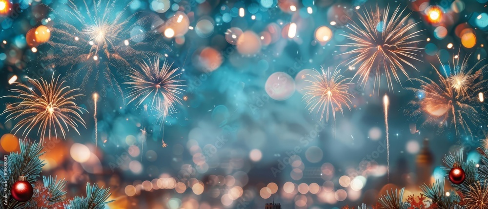 Background with fireworks and a cityscape for New Years Eve, with copy space