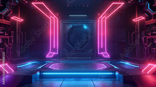 3d rendering, Futuristic interior with neon lights, podium and empty space, Podium for product advertisement or restaurant menus with beautiful background, Neon podium, illuminated by neon lights