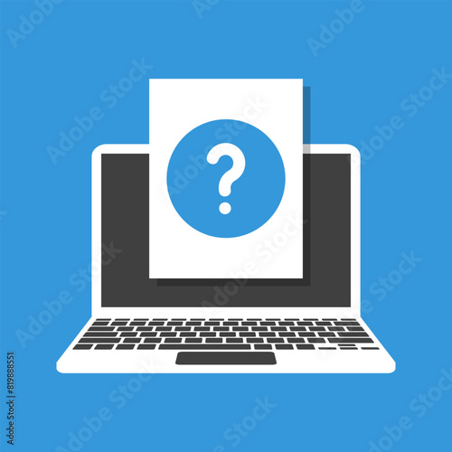 blue question mark displayed on laptop screen, help desk or knowledge base pictogram, flat design vector illustration