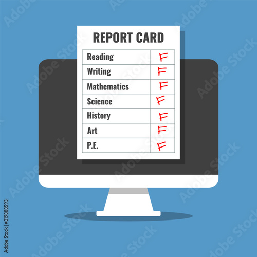online school report card with F grades, online education final year results, flat design vector illustration