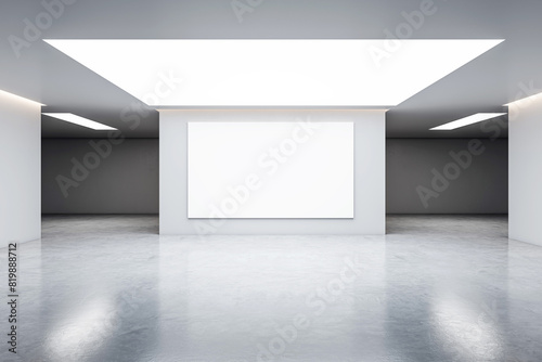 Empty white canvas on a wall in a bright gallery space with minimalist design, concept of modern art exhibition. 3D Rendering photo