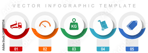 Transport icon set, miscellaneous vector icons such as truck, speedmeter, kg, barrow and ticket, modern design infographic template, web buttons in 5 color options