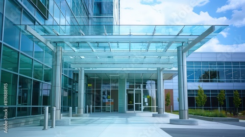 architecture entrance of a big building with glass canopy 
