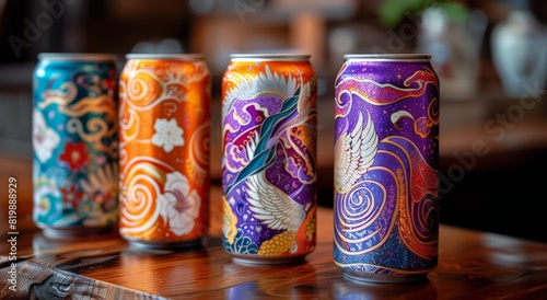 Row of Colorful Cans With Designs