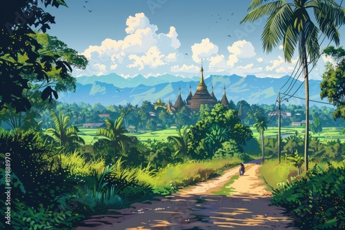 A scenic painting of a dirt road leading to a pagoda. Suitable for travel and nature-themed designs