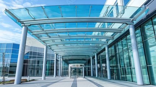 architecture entrance of a big building with glass canopy  