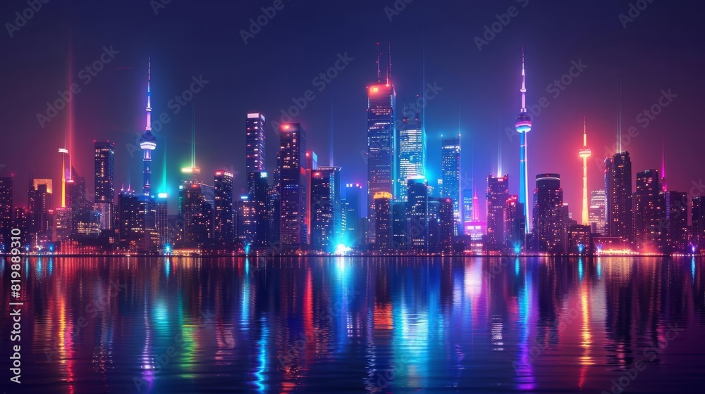 Fototapeta premium Nighttime cityscape with illuminated buildings and Pride elements around the edges, central area left blank for text