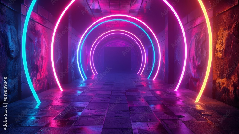 Neon lights with glowing rainbow geometric patterns around the edges, central area left blank for text Neon lights with glowing rainbow geometric patterns around the edges, central area left blank for text